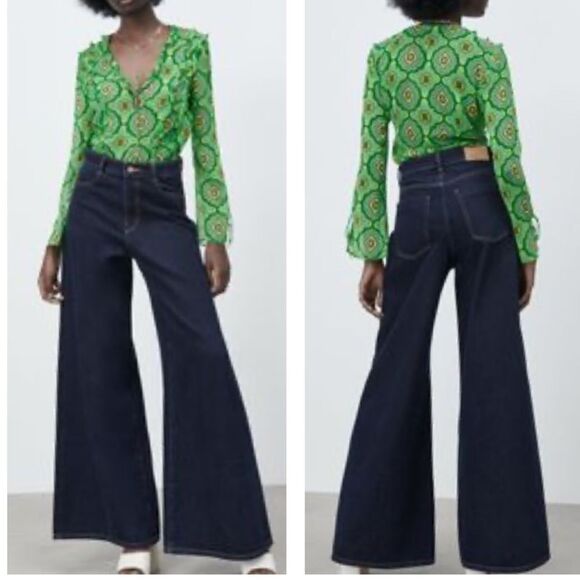 Zara Sheer Green Printed Geo 70’s Retro Hippiecore Bell Sleeve Top New Size S - Picture 7 of 14